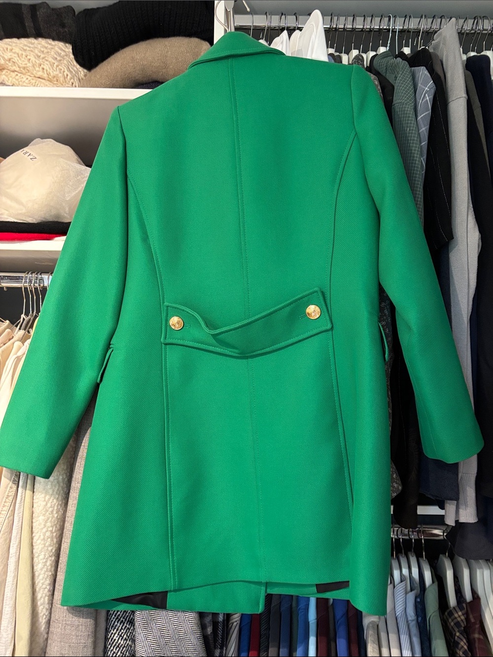 Zara Emerald Green Double-Breasted Pea Coat with Gold Buttons - Picture 2 of 6